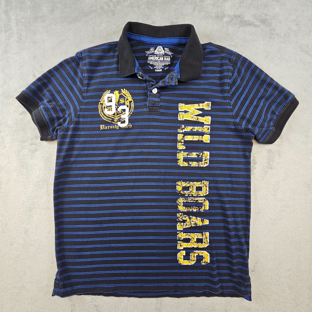 American Rag Polo Shirt Men's Large Black‎ Blue Striped Wild Boars Short Sleeve